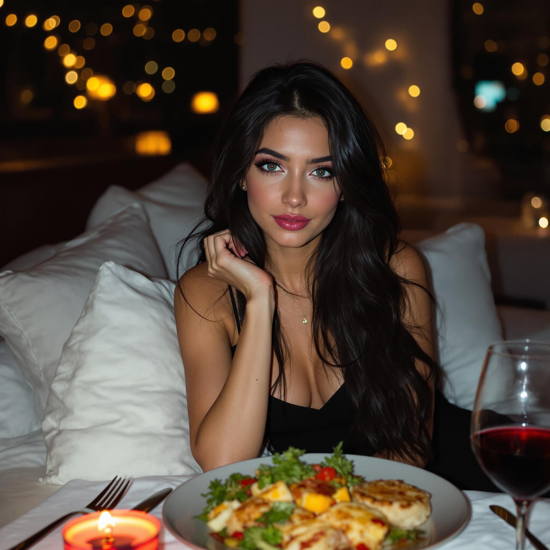 AI generated: 18-year-old woman, black hair, light blue eyes, tanned white skin, thin body, and light makeup. She ...