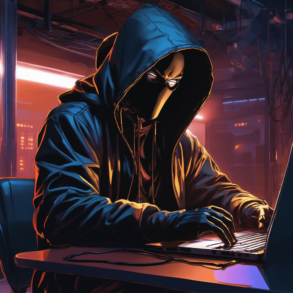 AI generated: intelligent hacker working on laptop but looking up at camera with a hoodie on covering head in a fu...
