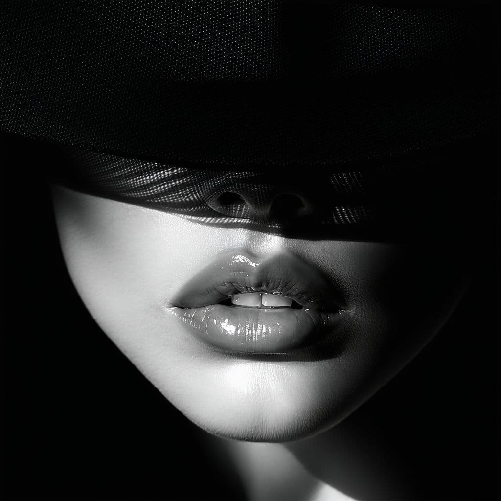 AI generated: A black and white photograph of the face of an attractive woman, focus on her lips, illuminated by d...