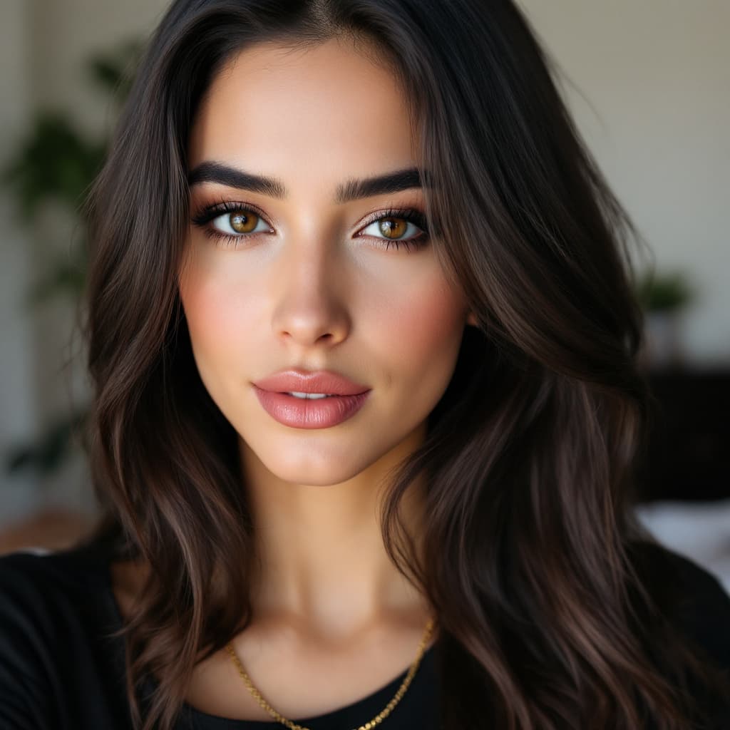 AI generated: A 25-year-old Persian woman with olive skin and long thick dark hair, side-parted, wearing a simple ...