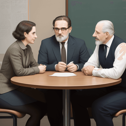 AI generated: Meeting of 3 persons 1 woman in 30s, 1 man i 40s and a middle aged man sitting across a table lookin...