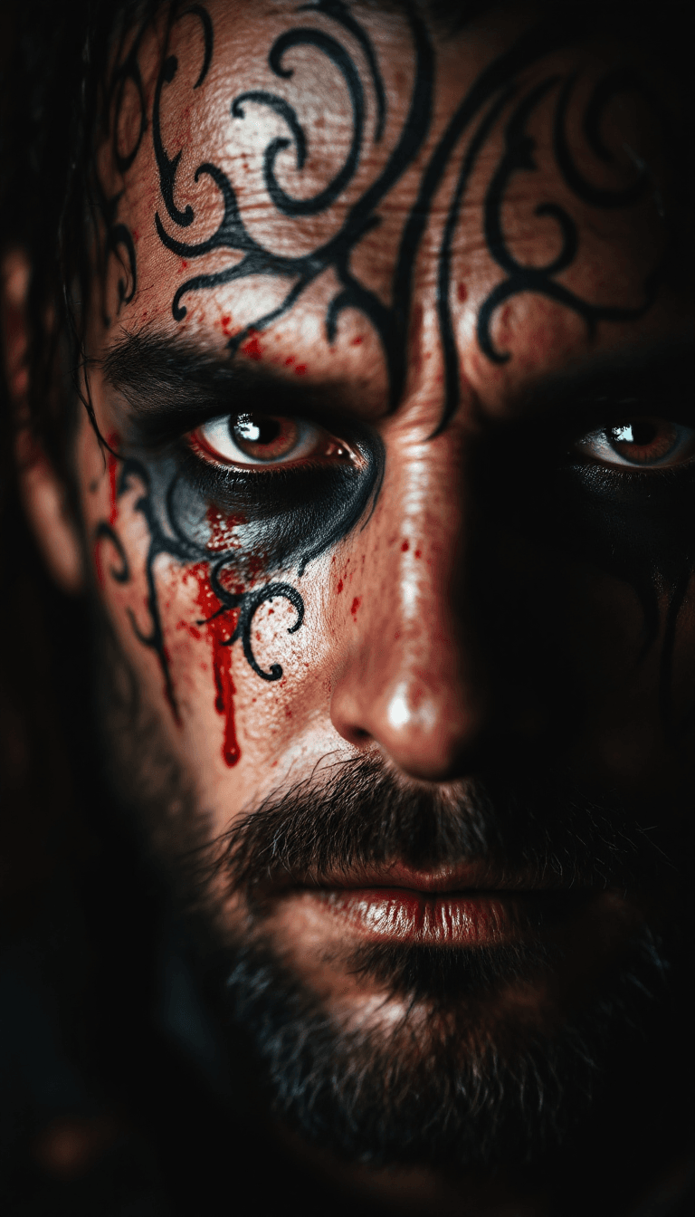 AI generated: The portrait of a serial killer a tribal tattoo on face in deppressive mood in style of Charles Mans...