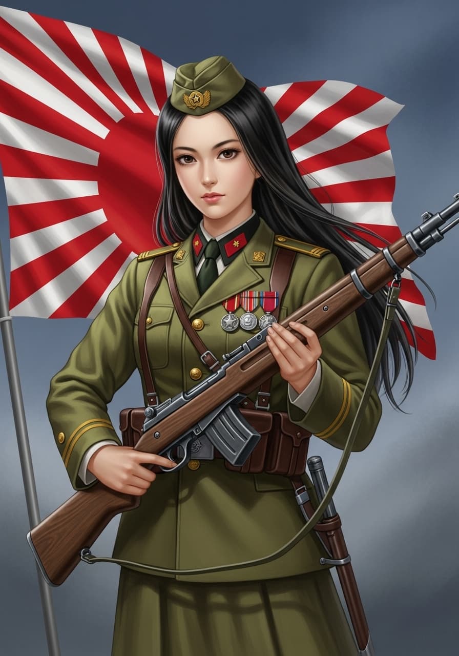 AI generated: Paint a beautiful japanese army girl,black hair,japanese empire ww2 officer uniform ,arisaka rifle,j...