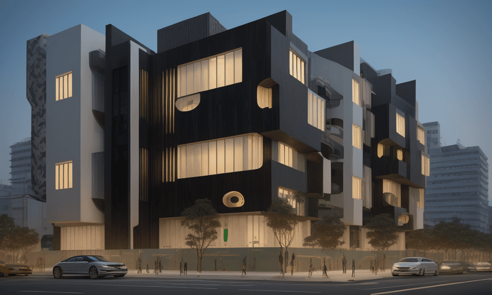 AI generated: Stylish modern building with smooth facade lines with african characters, building project of the ci...