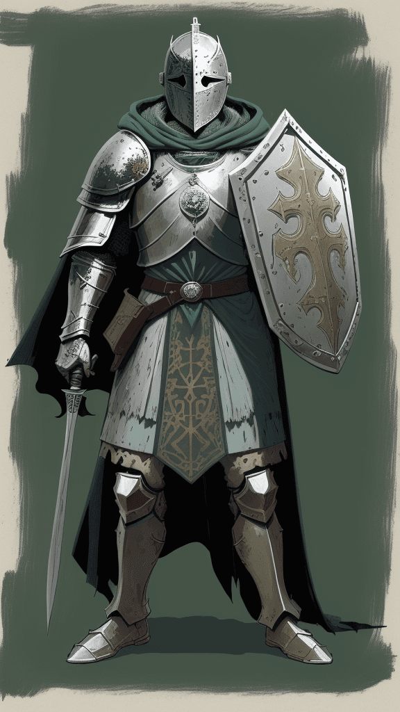 AI generated: a drawing of a knight with shield and cloak, in the style of adventure pulp, dark white and bronze, ...