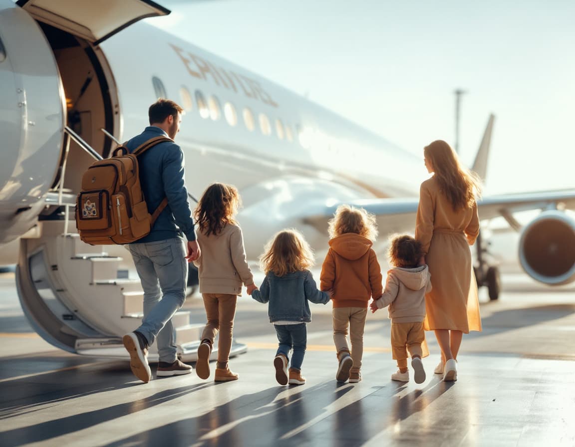 AI generated: familia con cinco hijos rubios, con edades de 10,8,5,4,1, con su padre y su madre, morenos, airport,...
