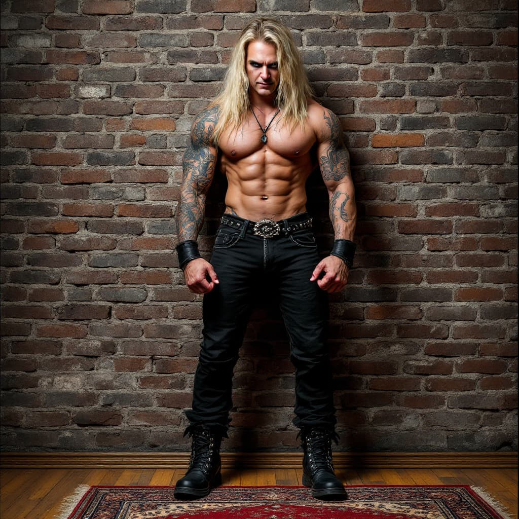AI generated: Full body view, metal rocker, very long wavy blond hair, round face, chiseled jawline, toned muscles...