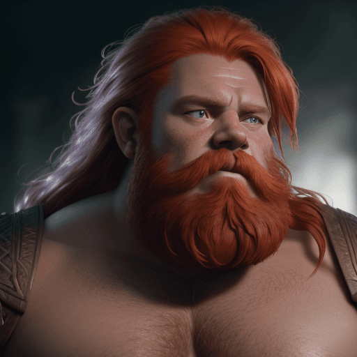 AI generated: dramatic portrait of a dwarf barbarian, a barbarian, red hair, red beard, shirtless, finely detailed...