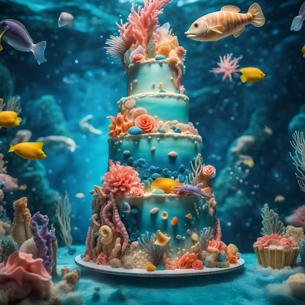 AI generated: the worlds tallest Cake reaches towards the sky, adorned with a breathtaking underwater theme, compl...