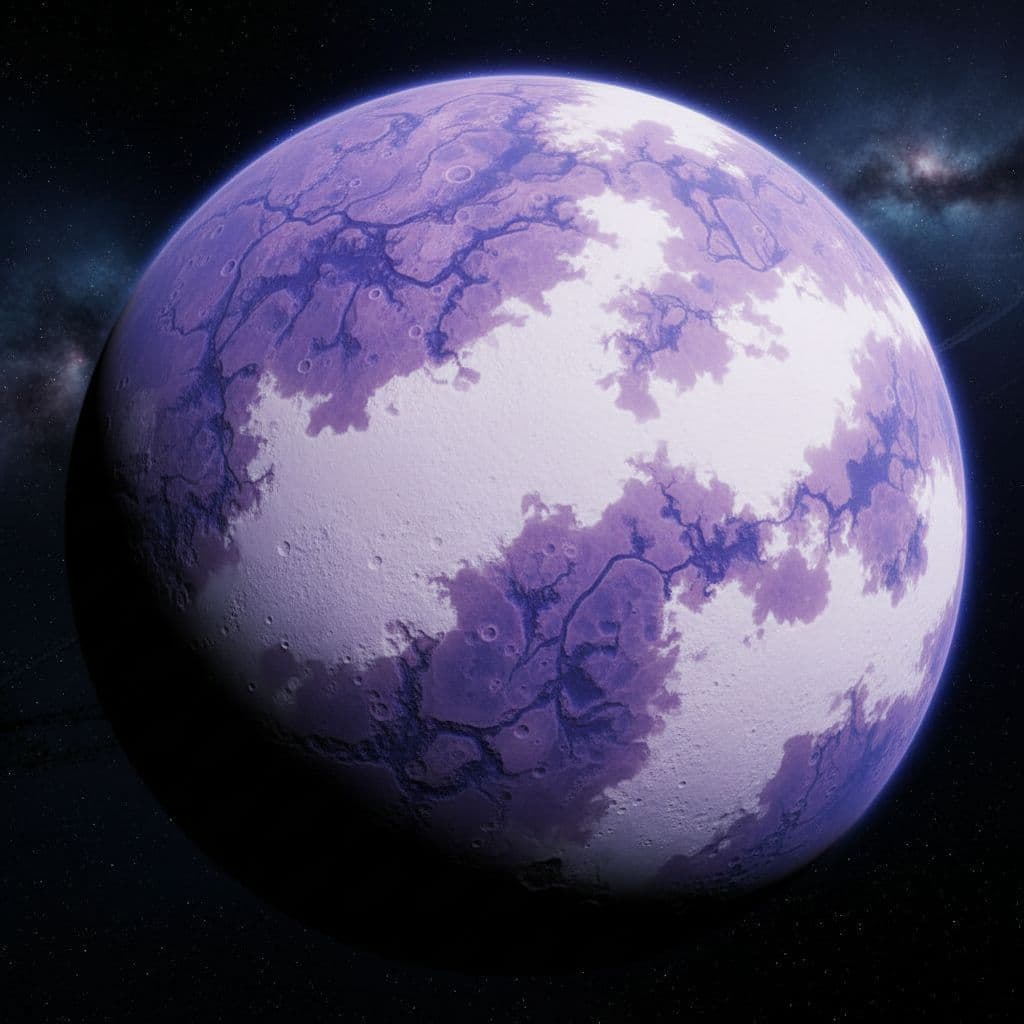 AI generated: a Purple Planet with lots of canyons and deserts of white sand