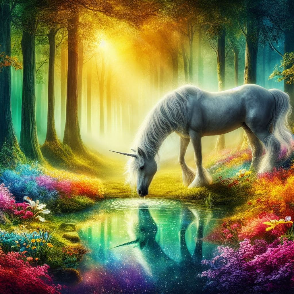 AI generated: A dense, mysterious fairy-tale forest stretches out in bright colors. At the edge of the forest a cl...