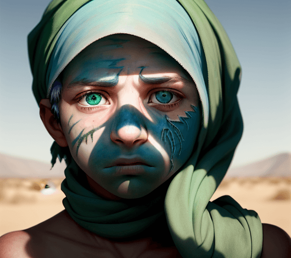 AI generated: a portrait of a young boy, short blue hair, scars, black eyes, crooked nose, full lips, frowning, vu...