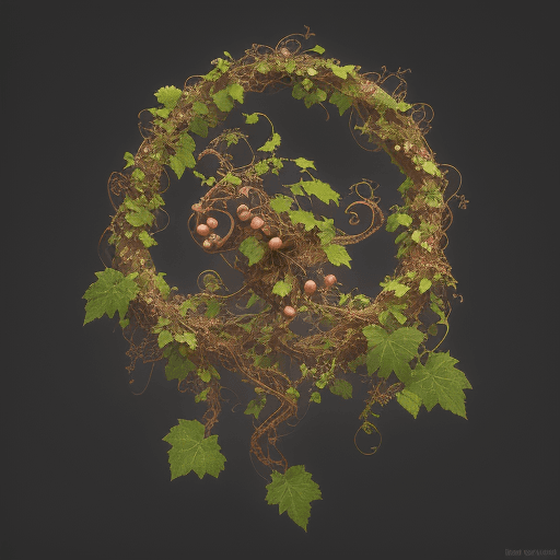 AI generated: (Vines with grapes overgrown with vines entwined along the edge of intricate and various leaves and ...