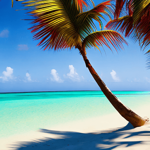 AI generated: An epic view of a palm-tree swaying in the wind on the loneliest sandbank in the world in the middle...