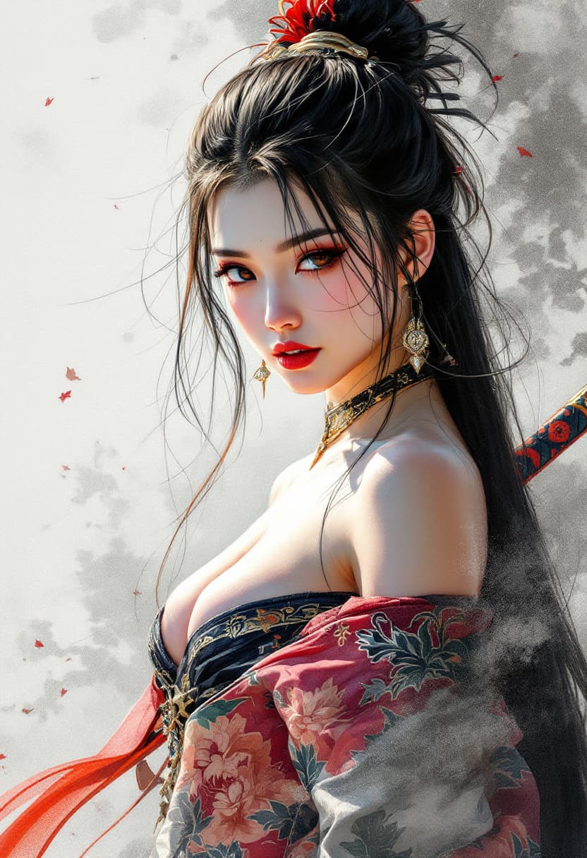 AI generated: Sketch Art, Beautiful Colored Pencil Line Art, Artistic Brush Strokes, Beautiful, Off Shoulder Samur...