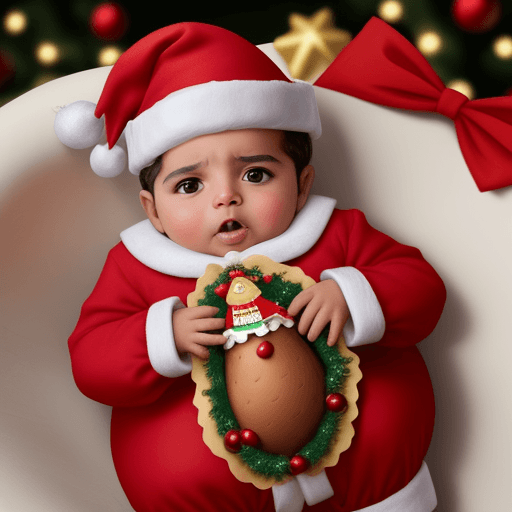 AI generated: bebe disfrazado de papa noel al lado de un pavo navideño