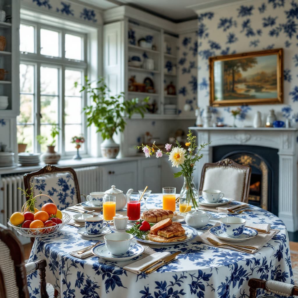 AI generated: An English Breakfast inside a beautiful old house with table set in blue and white using chinoiserie...
