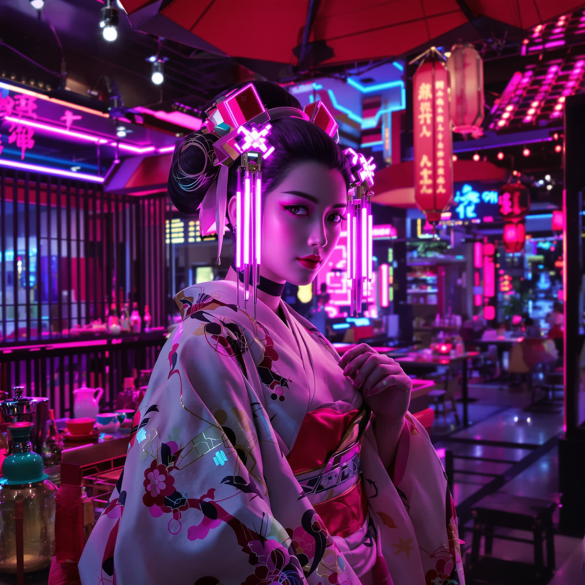AI generated: A beautiful futuristic geisha with glowing hairpins, neon-lit tea house, sleek kimono, cyberpunk aes...