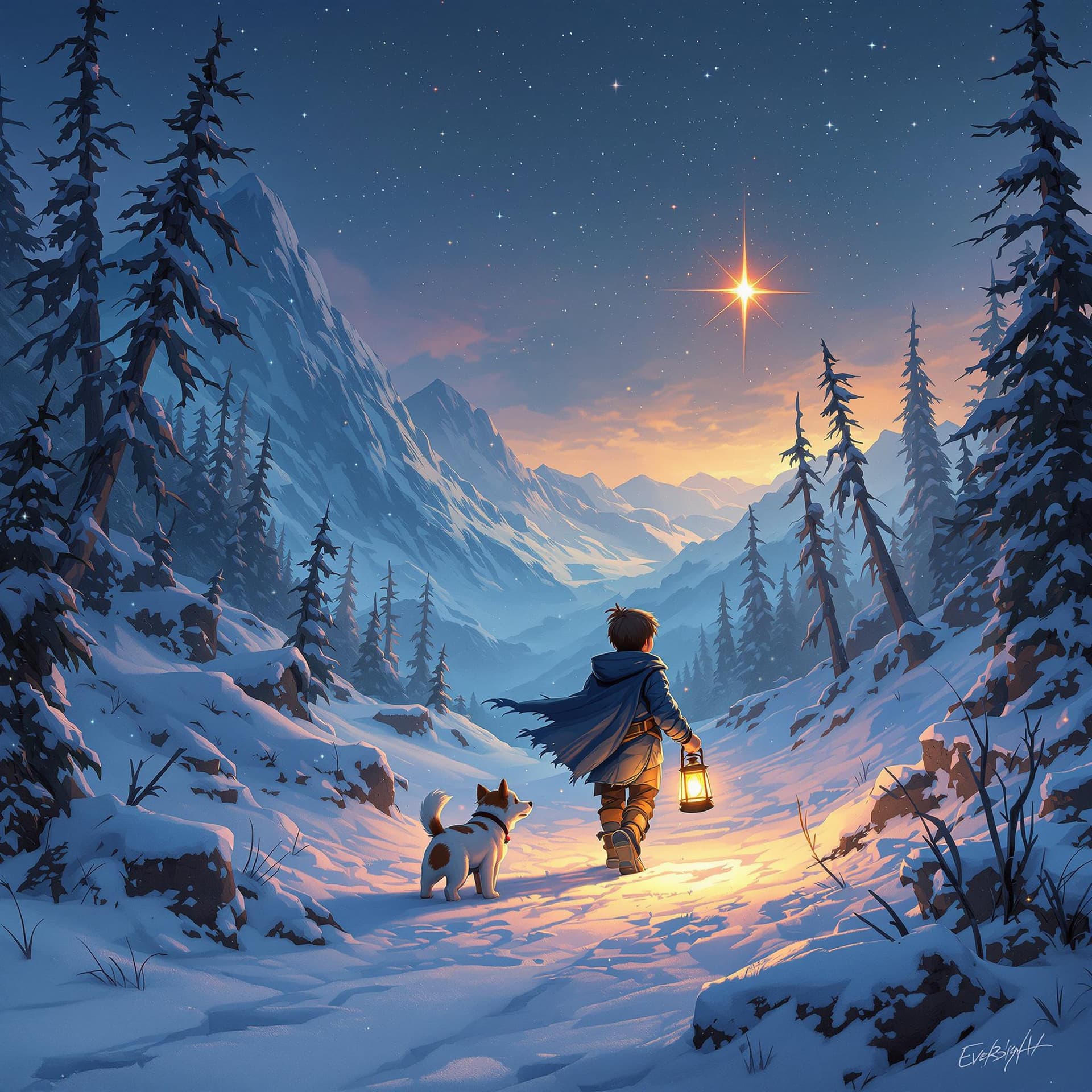 AI generated: A young boy named Ellis, with a lantern and his loyal dog, Lumen, journeys through a snowy, desolate...