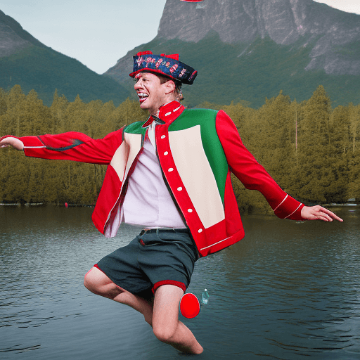 AI generated: Juggler without beard in shorts and jacket with dark green and scarlet red stripes, with a top hat a...