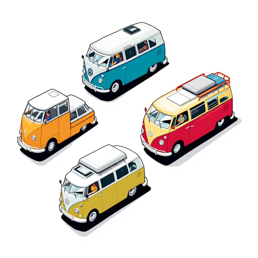AI generated: six  motorhome kombi diagonally, in the colors blue, green, yellow, red, orange, white, without back...