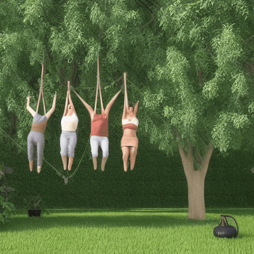 AI generated: 3d render cinematic realistic 3 smiling people hanging upside down on clothesline in the garden full...