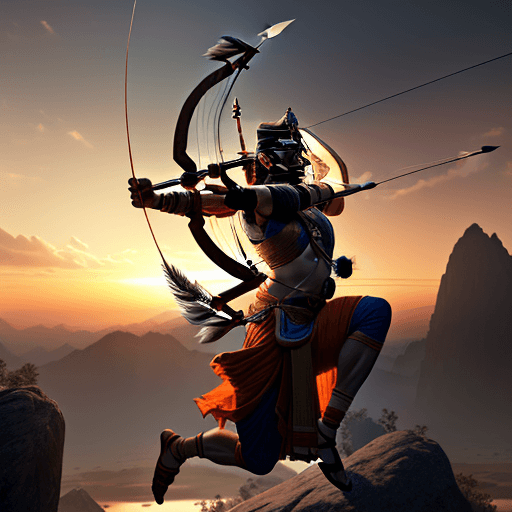 AI generated: god lord shree ram with a beautiful face with a bow and arrow shooting arrow in while jumping in mid...