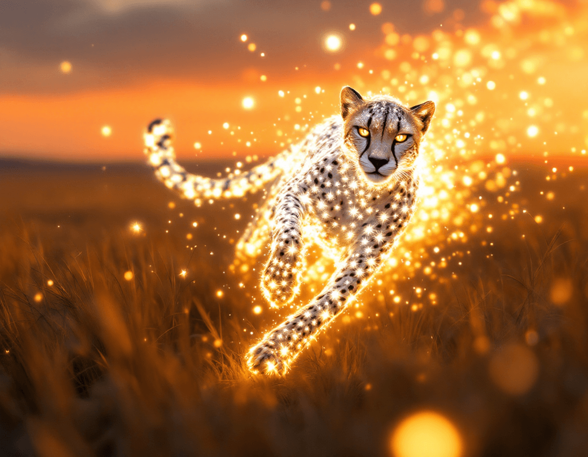 AI generated: In the golden hour of a vast, open savanna, the Lumipard—a mythical light-elemental cheetah hybrid—d...