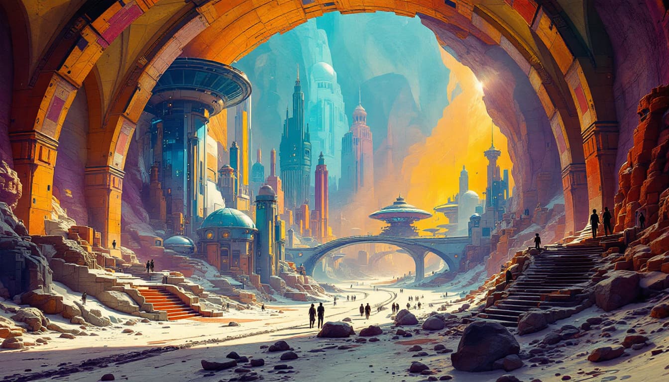 AI generated: Envision a city of the future, where futuristic retro sci-fi style buildings in shades of burnt sien...