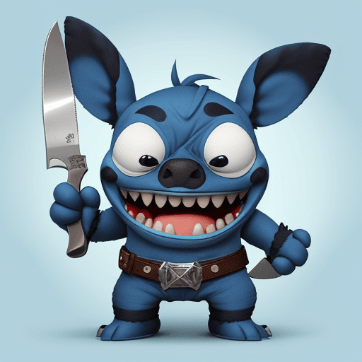 AI generated: Design your own hero it must be Stitch blue he will have a knife and big teeth