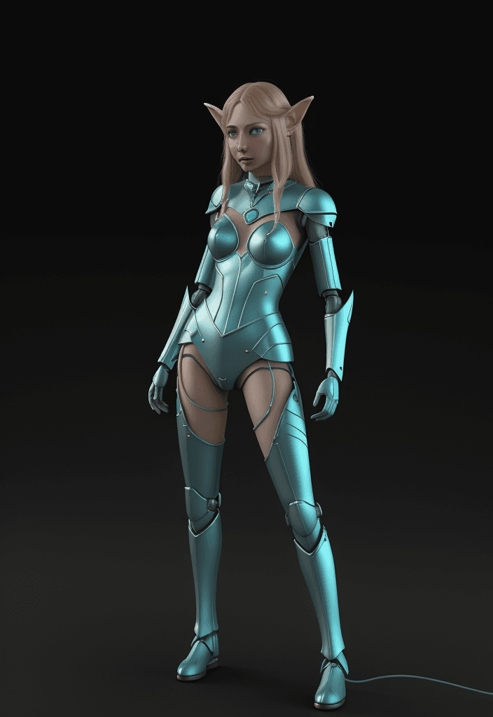 AI generated: Elf Galadriel dressed in a robot outfit in the dark and having a earphone, in the style of daz3d, an...