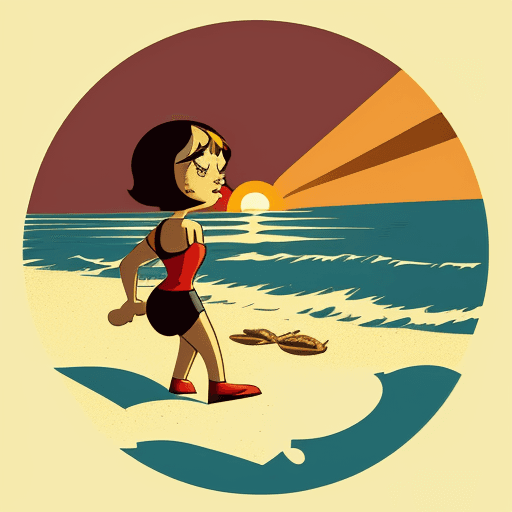 AI generated: retro screen print graphic of a 1920’s cartoon beach. Vintage t-shirt graphic. Work and weathered. R...