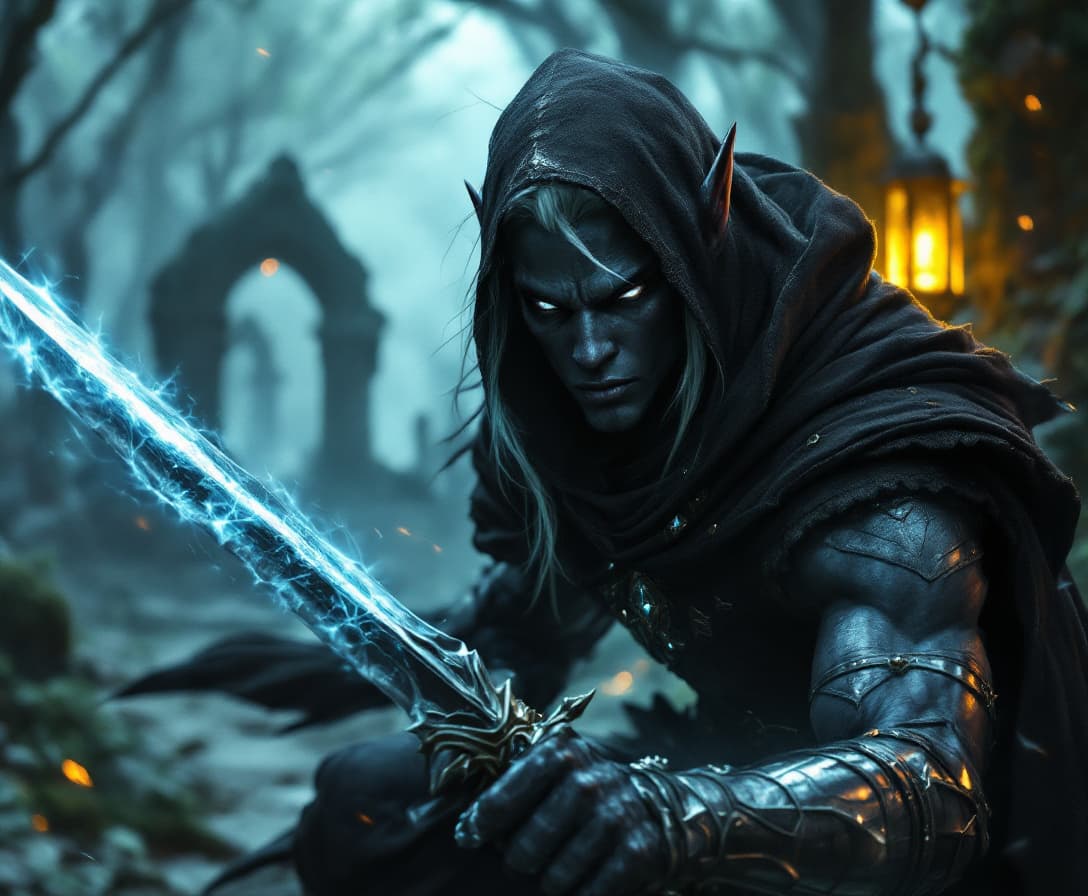 AI generated: Fantasy DnD style, (A handsome dark skinned Dark Elf Man with Ebony skin), long white Hair, long ear...