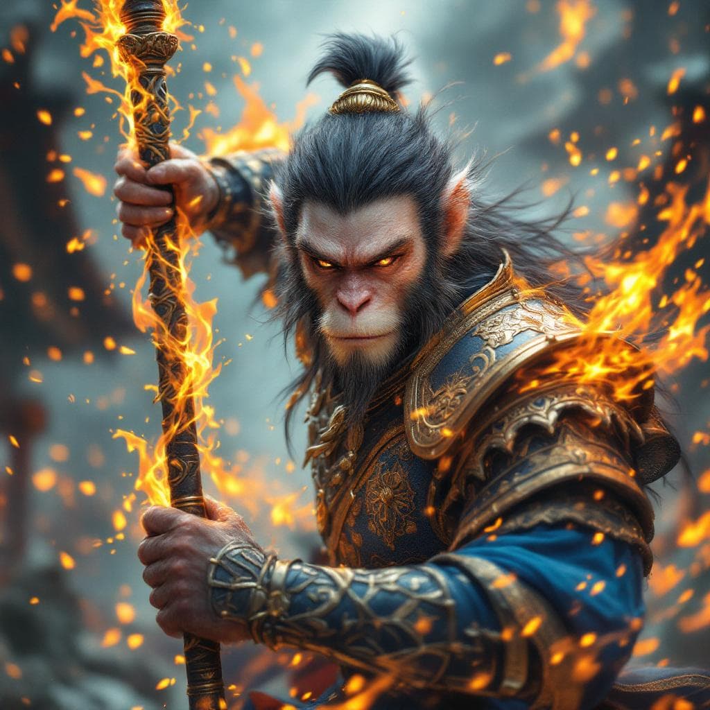 AI generated: masterpiece, concept art, mid shot, dynamic pose, centered, splash art, Sun wukong, (anthropomorphis...