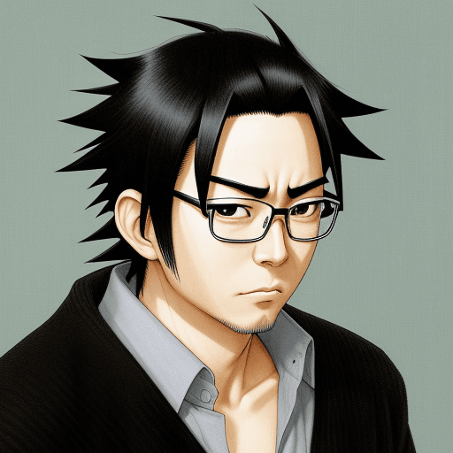 AI generated: Masashi Kishimoto style, man in his 40s black hair, with glasses on top of his head