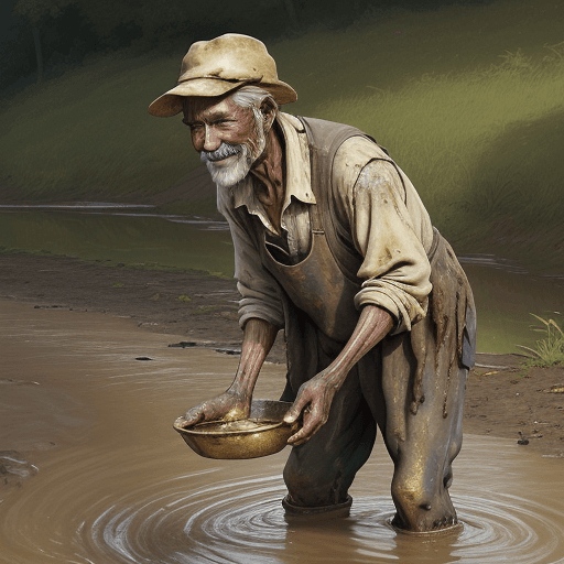 AI generated: An old gold digger with weather-beaten skin and dirty clothes stood on the bank of the stream. He he...