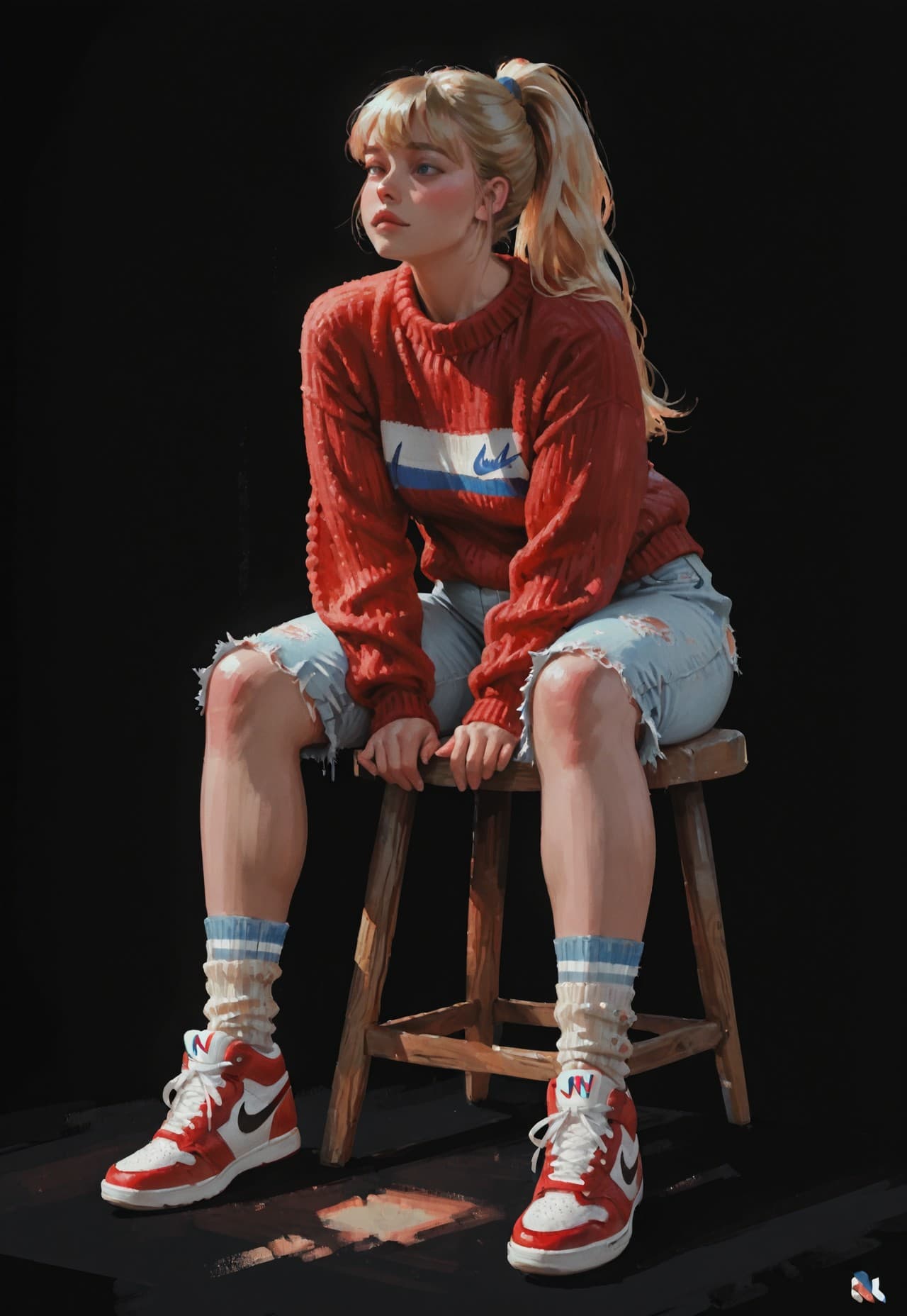 AI generated: Watercolor pixel art portrait of a stunning French woman sitting gracefully on a wooden stool, posed...