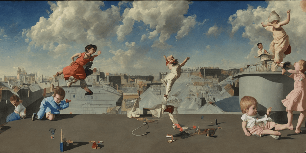 AI generated: children playing on rooftop, neo rauch, painting with incomparable reality, intricate details