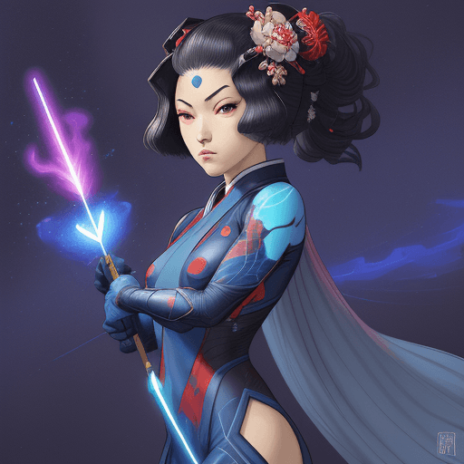 AI generated: Art by Katsushika Hokusai, a portrait of Nebula (Marvel Character) in Nova Cops Dress wth Yaka Arrow...