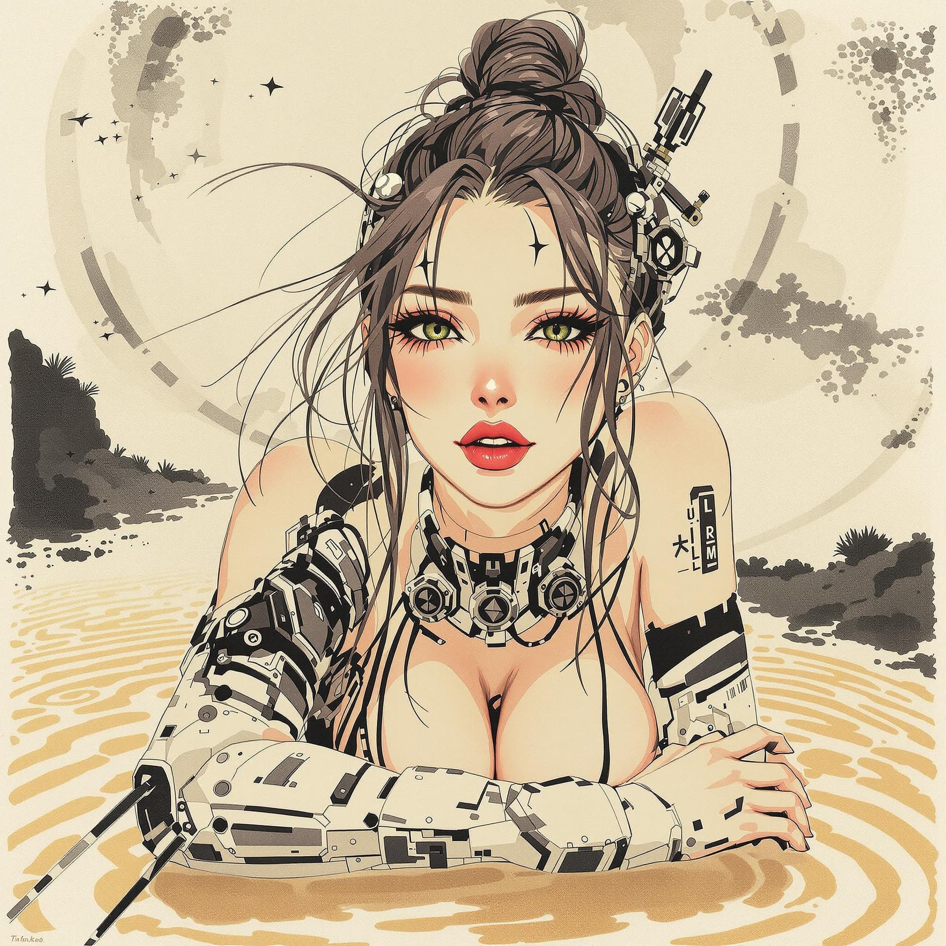 AI generated: anime full body Symbolist ink wash painting of a 24-year-old Yao-Greek female edgy rocker girl with ...