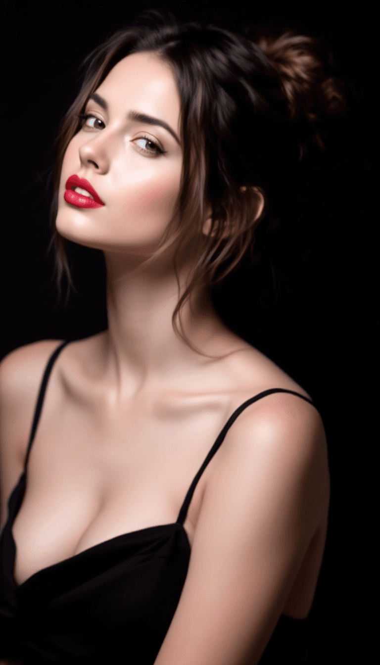 AI generated: A woman with fair skin, light red lipstick, and brown hair in a loose bun, wearing a black spaghetti...