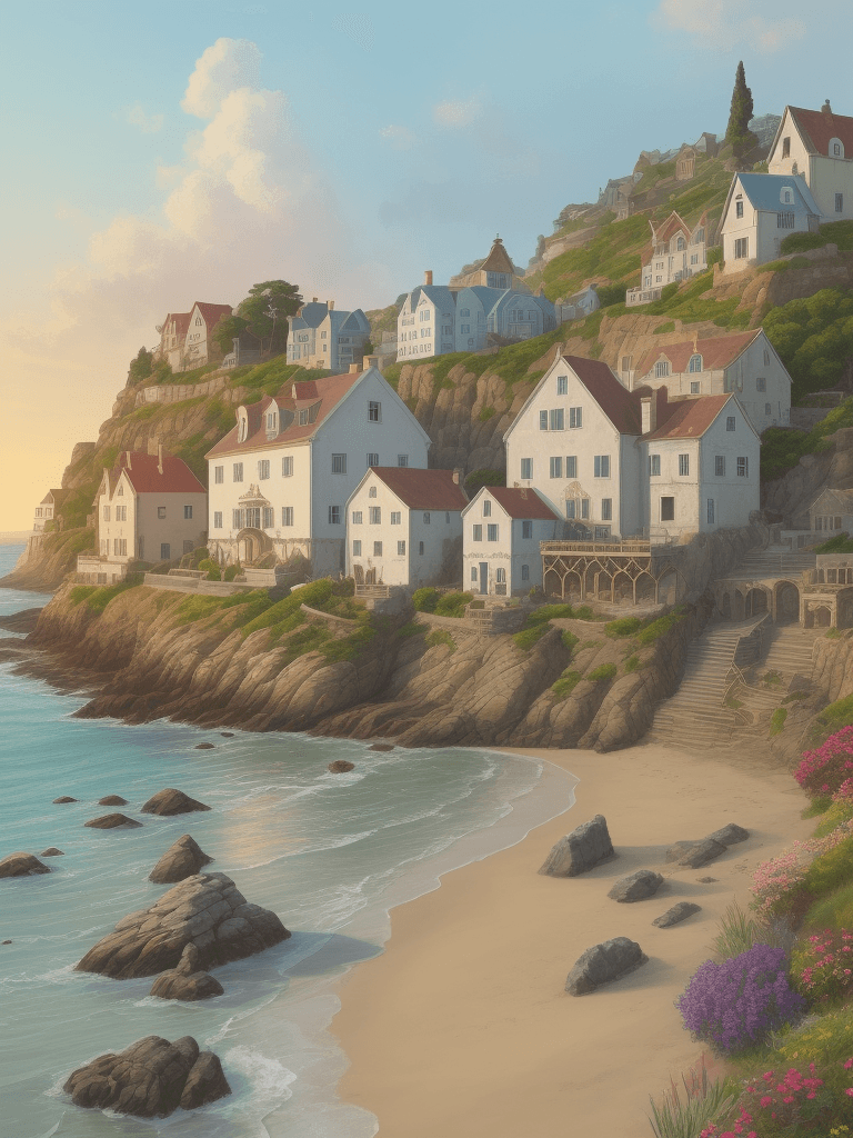 AI generated: ancient houses arthouse art, in the style of seaside vistas, vibrant airy scenes --ar 9:16 --s 750