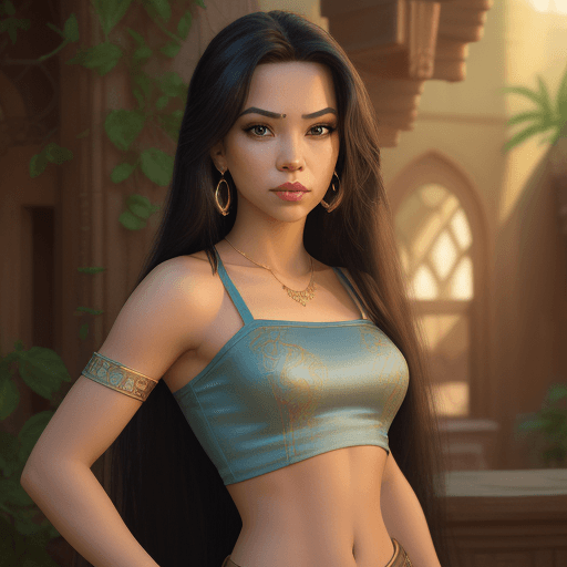 AI generated: Disney, Jasmine, ultra realistic, adult, long hair, piercing, crop top