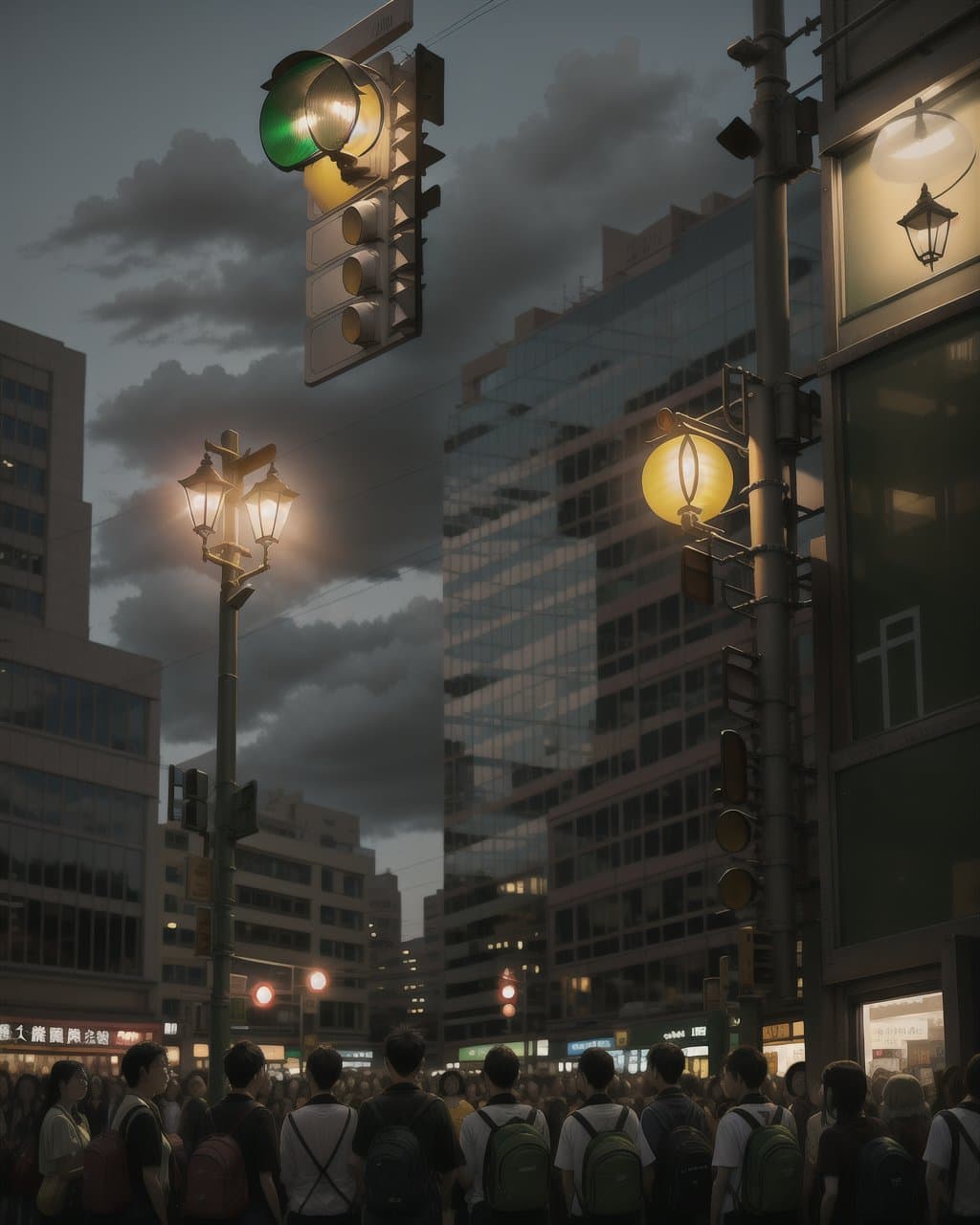 AI generated: green traffic light, crowd of people