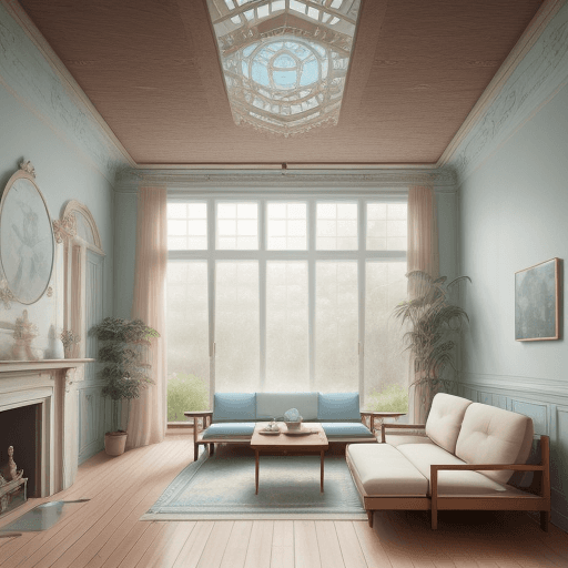 AI generated: High resolution photography interior design, dreamy sunken living room conversation pit, wooden floo...