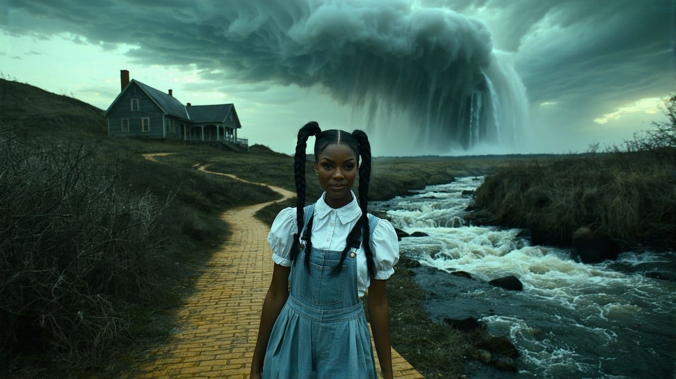 AI generated: In the foreground, an African America woman as Dorothy from the Wizard of Oz is standing on a path t...