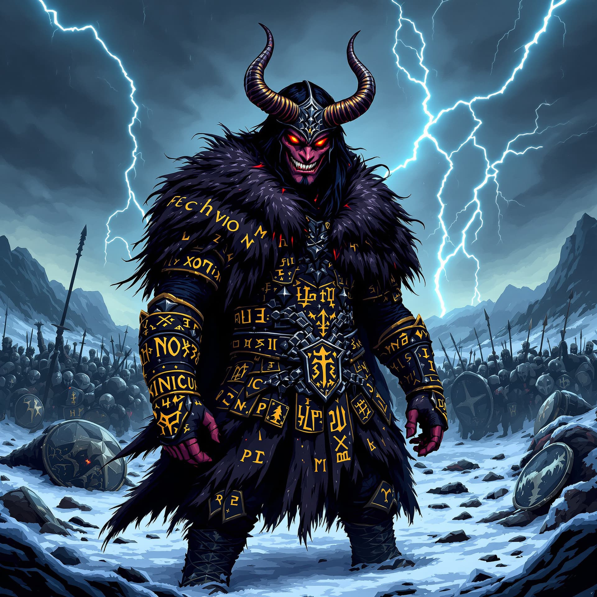 AI generated: "Pixart style illustration of Satan from Devilman, reimagined with Norse mythology elements: wearing...