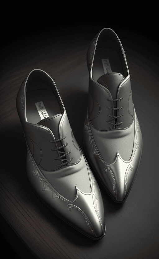 AI generated: Shoes on the table with the design and character of batman The Shoes is gold and grey dark, no water...