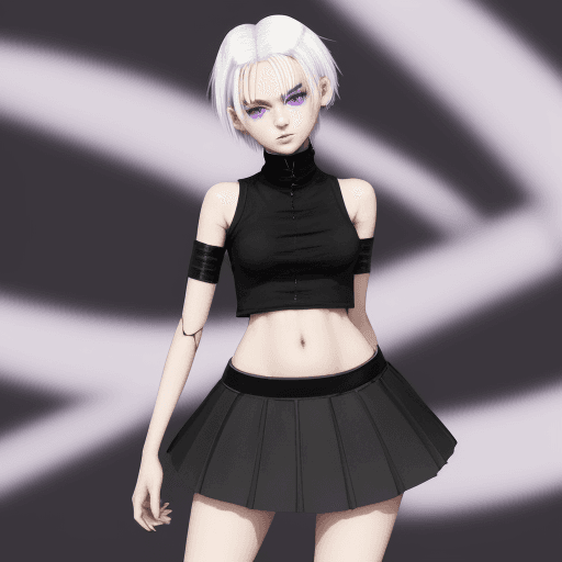 AI generated: a short cute girl with white hair black tip, violet eyes, hot pose and wearing a mini skirt, a broke...