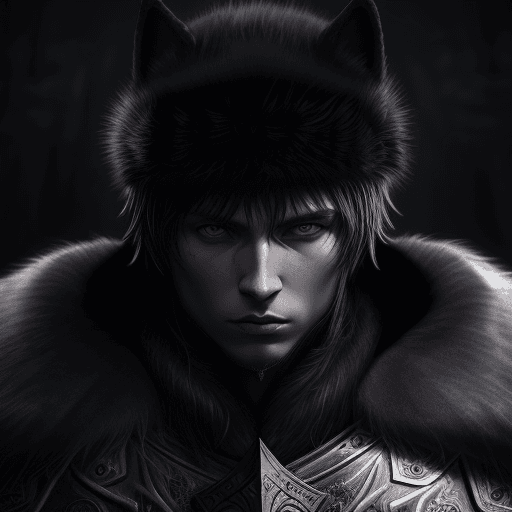AI generated: Slavic young man knight in black wolf fur winter hat wearing battle armor, in dynamic, atmosphere of...